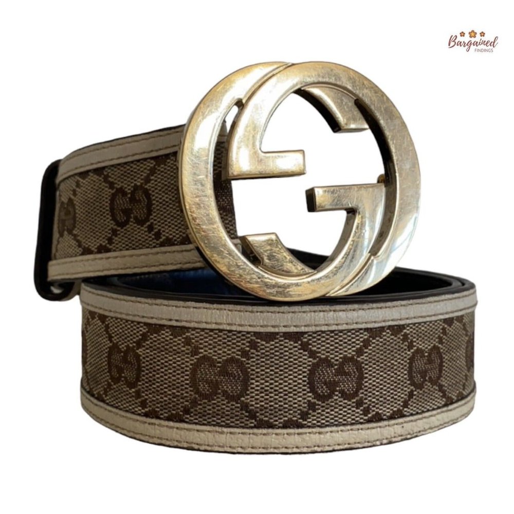 Authentic Gucci Cream Monogram Canvas Leather Interlocking G Buckle Belt 80/32